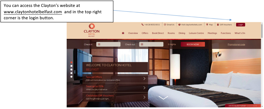 Figure shows where to find the login button on the Clayton Hotel website